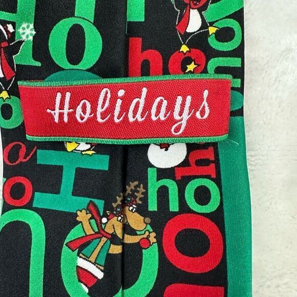 Ho Ho Ho Wacky Fun Christmas Neck Tie Black Red Green Ugly Sweater Party Penguin - Picture 3 of 6